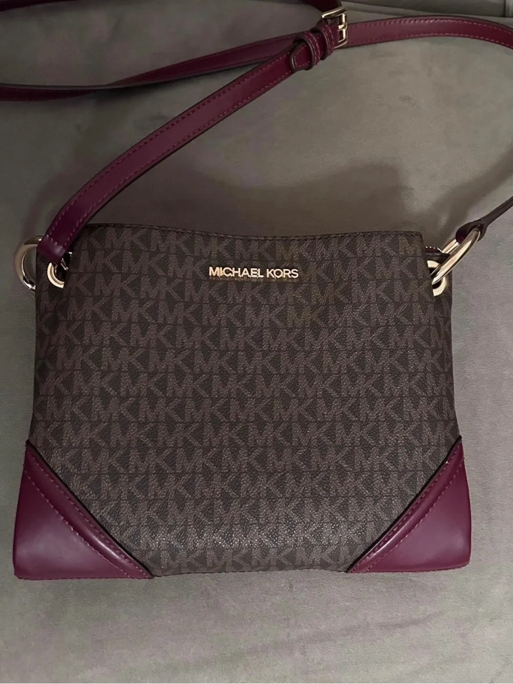 Michael Kors Brown Monogram Crossbody with Plum Accents